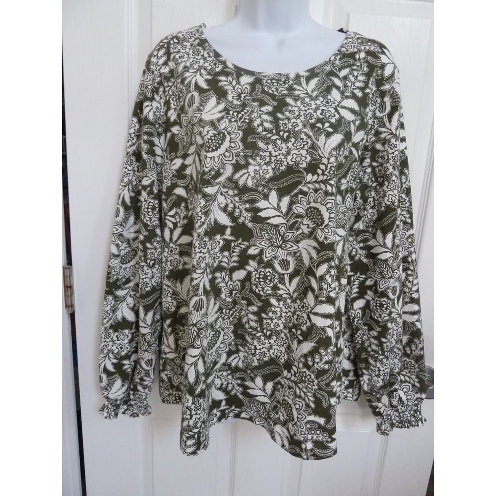 Kim Rogers Avocado White Floral Balloon Sleeve Pullover Cotton Top Womens L